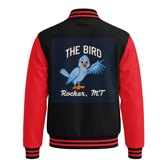 Back of black and red letterman jacket with The Bird, Rocker MT design